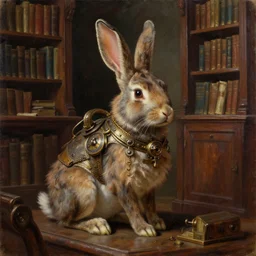 steampunk rabbit in a library, oil painting on canvas by kenne gregoire, octane render, fantasy art, hyperrealistic