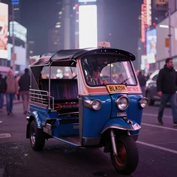 a blue and white tuk tuk in Times Square at night, very hazy, cloudy, diffused lighting, moody, dark purple tones, shallow depth of field, 4k