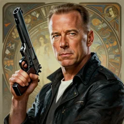 portrait of bruce willis dressed as pin - up, holding a gun, distopic, the fifth element, futuristic, science fiction, intricate, headshot, highly detailed, digital painting, artstation, concept art, sharp focus, cinematic lighting, illustration, art by artgerm and greg rutkowski, alphonse mucha, cgsociety,