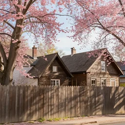 old houses surrounded by a wooden wall, pink leaf trees, artstation, day, sun