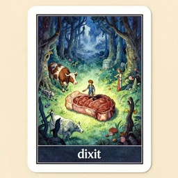 dixit card, strange place, steak, cow, focal point, character eating, dark fantasy, intricate, orthographic, amazing composition, colorful watercolor, by ruan jia, by maxfield parrish, by shaun tan, by nc wyeth, by michael whelan, by escher, illustration, gravity rush, volumetric, blue, green