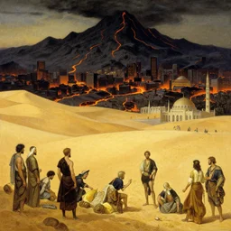 gold desert vs dark mountain with lava, city, islamic architecture, fantasy, art by joseph leyendecker, peter mohrbacher, ivan aivazovsky, ruan jia, reza afshar, marc simonetti, alphonse mucha