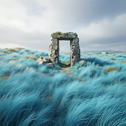 a beautiful render of scandinavian landscape, by greg rutkowski, cgsociety, unreal engine, octane render, windswept seafoamblue grass dunes, withered portal stone in center, fantasy