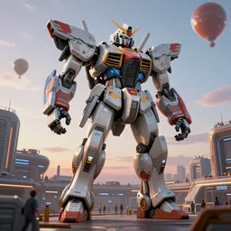 a beautiful hyperrealistic ultradetailed 3 d render of a gigantic mecha guarding a sci - fi spaceport, by darek zabrocki : 3, mech, unreal engine, octane render, gigantic, unreal engine, octane render, 3 d, brilliantly coloured, intricate, ultra wide angle, trending on artstation, dusk, volumetric lighting, hdr, polished, micro details, ray tracing, 8 k : 2, people, sphere, balloon, blurry, blur, depth of field, dof, bokeh, obscured, macro : - 1