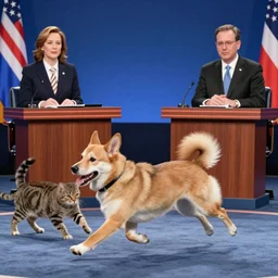 a smart dog running for president against a cat. Television prime time debate.