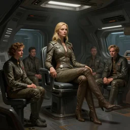 concept art by greg rutkowski, a very tall, and slender woman with blond hair, sitting with the crew in the ship's flight deck, brutalist futuristic interior, dark lighting atmosphere, detailed portraits, nostalgic atmosphere, scifi, digital painting, artstation, concept art, smooth, sharp foccus ilustration, artstation hq