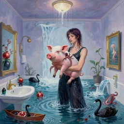tall female emo artist holding a pig in her flooded bathroom, octopus, water gushing from ceiling, painting of flood waters inside an artist's bathroom, pomegranates, pigs, ikebana, zen, water, octopus, river, rapids, waterfall, black swans, canoe, berries, acrylic on canvas, surrealist, by magritte and monet