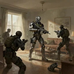 cyborg swat team raiding an apartment, concept art, digital painting, trending on artstation, deviantart, epic composition, extremely detailed, ambient lighting, masterpiece, sharp focus, octane render