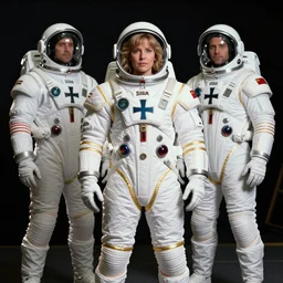 photography of space suits designed yb knights templar, the knights templar cross logo, gold lining, heroic posing, photo shoot, by annie leibovitz, sigma 85mm 1.4, glows, sharp, high contrast