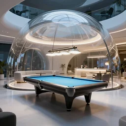 A pool next to a pool table inside a futuristic lounge in a glass dome, designed by zaha hadid, octane render, ray tracing, 8k resolution, sharp