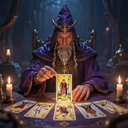 wizard performing a tarot reading, cards, fantasy, digital art, soft lighting, 8 k