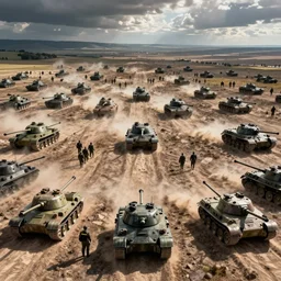 digital art of world war second, land troops and armoured tanks battlefield, hyper realistic, symmetrical composition