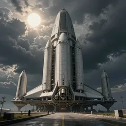brutalist architecture, sun after a storm, ominous evening, science - fiction, perspective, spaceport, cargo spaceships, crisp, intricate picture by greg rutkowski and federico pelat