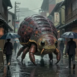 a painting of a massive tardigrade walking in a rain soaked back street in osaka, dark figures of people holding umbrellas, digital art, trending on artstation, by studio ghibli and greg rutkowski. spirited away. trending on artstation, hyperrealism, unreal engine