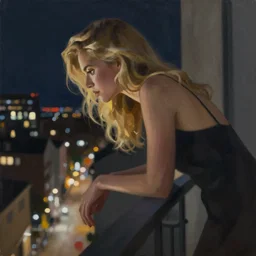painting of a beautiful blonde woman leaning over a balcony at night, looking down at the out of focus cityscape below, by Jeremy Mann, stylized, detailed, dark tones, emotional