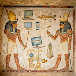 an egyptian mural with various technological inventions, computers, cell phones, spacecraft, spaceships, time machines, cave painting.
