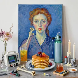 self - portrait of a female art student, surgical equipment, fresh fruit, fruit juice drips, pancakes, honey, berries, bones, defibrillator, electrical wires, battery, oxygen tank, scientific glassware, ikebana, art supplies, candles dripping wax, neo - impressionist, surrealism, acrylic and spray paint and oilstick on canvas