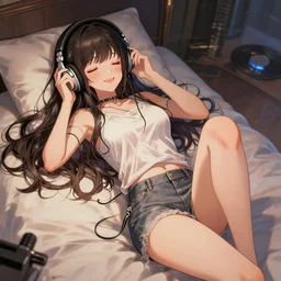 full body portrait of a photorealistic anime girl, absurdly beautiful, gorgeous, youthful, smiling, eyes closed, listening to music on headphones, laying down on a bed, an ultrafine hyperdetailed illustration by loish, ross tran, ilya kuvshinov, intricate linework, ambient lighting, musical environment, global illumination, trending on pivix fanbox.