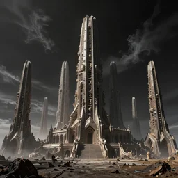 exoplanet landscape, abandoned alien megastructure designed by giger, towering skeletal temple skyscrapers, beksinski, hr giger, kubrick, black clouds, octane render, cinematic,
