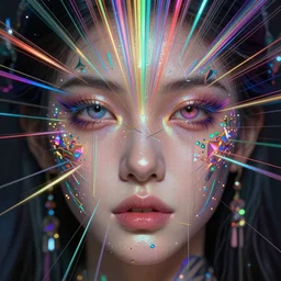 of a fantasy close up of a face with lots of colors and rays and strands iridescent digital art, concept eclectic,