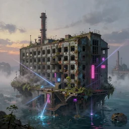 a beautiful very detailed painting of industrial architecture abandoned building military building by bjarke ingels, water reclaimed by nature tron at dusk atlantis apocalyptic synthwave cosmic sea laser architecture island fantasy bladerunner 2 0 4 9 neon signs postcyberpunk fog, archdaily, wallpaper, highly detailed, trending on artstation.