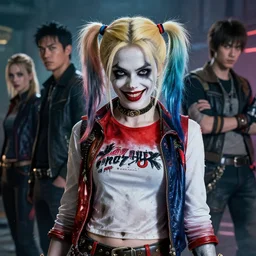 a portrait of a scary Harley Quinn by Greg Rutkowski, Sung Choi, Mitchell Mohrhauser, Maciej Kuciara, Johnson Ting, Maxim Verehin, Peter Konig, final fantasy , mythical, 8k photorealistic, cinematic lighting, HD, high details, atmospheric,