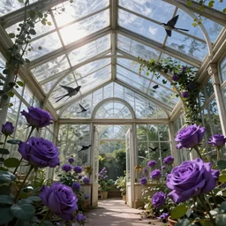 glass greenhouse, another world, birds, purple roses, fairy tale, sunlight, highly detailed, low angle view, artstation, mysterious, comfort, in the style of aetherpunk