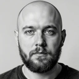portrait of bald short - bearded man with round face, small eyebrows, wide lips and kind blue eyes, minimalictic black and white, ink, pencil