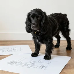 a black cocker spaniel working on an interior design drawing project