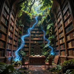 a ( ( decaying old library ) ) with a rainforest growing inside, blue - glowing magical wisps, highly detailed, intricate detail, realistic shaded lighting, dramatic scenery, beautiful 3 d rendering, octane render, hyperrealistic, trending on artstation, by greg rutkowski and simon stalenhag