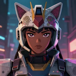 anime portrait illustration of a 👧🏿 gundam pilot in an intricate cat - shaped helmet, hiphop urban inspired, symmetrical proportions, symmetrical perfect facial features, cinematic lighting, hd, 3 2 k, octane, unreal engine, in the style of go teen titans and disney's pixar, by denys cowan and dwayne mcduffie