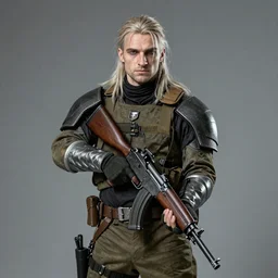 Geralt of Rivia dressed as a modern soldier with a rifle, portrait