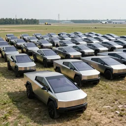 a 10,000 fleet of tesla cybertrucks in an open field
