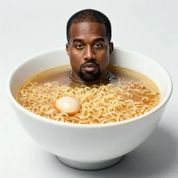 kanye west swimming in a giant bowl of ramen, high quality photography