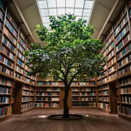 a beautiful tree growing in the middle of a library. wide angle, dramatic light, ultra realistic, 4K