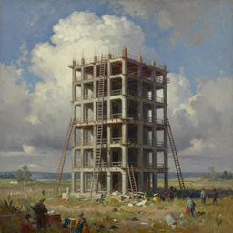 surreal building construction, ladders to the sky in the steppe, in game pathologic 2, by jacek yerka, by levitan, oil on canvas, acrylic, digital art, royal academy, masterpiece, trending on artstation, cinematic composition, sharp, details, hyper - detailed, hd