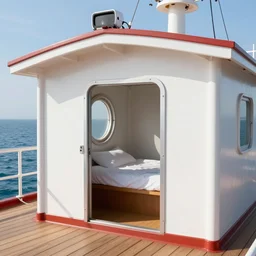 a small cabin on a ship. there's a porthole and a bed, digital art, highly detailed, realistic, bright colors, 8 k