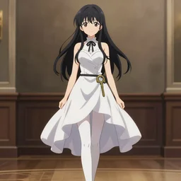 anime key visual of a formal anime girl wearing white tights and a elegant dress