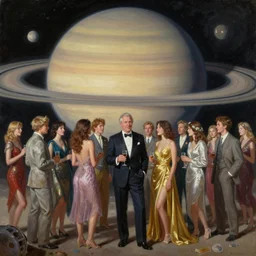 1 9 5 0 s inspired sci - fi oil painting of a party on a colony on the saturn moon titan