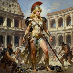 A mixed media painting of a beautiful blonde goddess of war and mayhem, in a coliseum, very aesthetic, curvy, detailed face and eyes, spartan, by Frank Frazetta, Boris Vallejo, Greg Rutkowski, Christian MacNevin, epic fantasy character art, roman numerals, high fantasy, CGsociety, full length, exquisite detail, post-processing, masterpiece, cinematic, coliseum backdrop