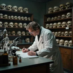 mad scientist hunched over a table in his laboratory, surrounded by dozens of shelves of skulls, all different sizes and shapes. Eerie lighting, photographic, cinematic, dramatic, establishing shot