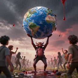 a demonic entity lifting a chunk of the earth into the air, the sky is raining blood, people are rejoicing, dramatic 3 d render, album cover art, cinematic filmic quality, vfx cgi, interesting and cute character design