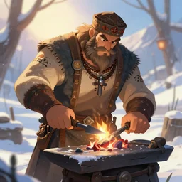 Beautiful detailed high quality illustration of an old Slavic blacksmith, very strong and muscular man, a lot of Slavic decor elements and cloth::vibrant winter, romantic mood, morning sunlight::art by Ghibli Studio, League of Legends, Arcane, Wild Rift, trending on artstation
