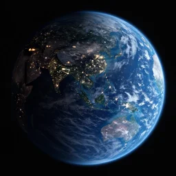 a view from deep space of earth, half of the planet is invisible and half shows the lights of cities