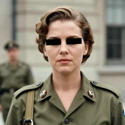 classified photograph of agent Jeanine L'allier, black bars above both eyes, CIA, FBI, KGB, 1956, high quality