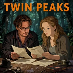 Twin Peaks poster artwork by Michael Whelan and Tomer Hanuka, Rendering of Johnny Depp and Amber Heard solving mysteries together in scene from Twin Peaks, full of details, by Makoto Shinkai and thomas kinkade, Matte painting, trending on artstation and unreal engine