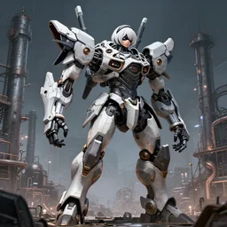intricate digital artwork of a giant japanese anime war mecha by by nuthin'but mech, by kallamity sketchbook, inspired by nier : automata, factory background, octane render, cgstation, 4 k resolution