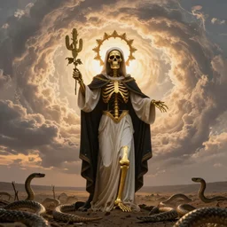 golden skeleton saint character in a full body saint pose wearing white and black catholic virgin robe with an aureola made of golden cactae over the head and holding a rose, with warm backlight.  background: whirlpool of clouds forming an angelic circle. sunset light. beneath there's a barren land with serpents. apocalyptic. low angle. rembrandt style