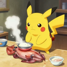 pikachu cooks a squid, detailed, art by sung choi, greg rutkowski, peter konig