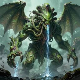 giant green chtulhu, complex and intricate, lot of head eyes wings, lovecraft horror, details, fleshy appendages tentacles hairs, plasma beams and streams of water artstation, attacking, hunting, concept art, smooth, sharp focus, illustration, by greg rutkowski and zdzislaw beksinski, good clear quality, lighting, biology, hyper realism